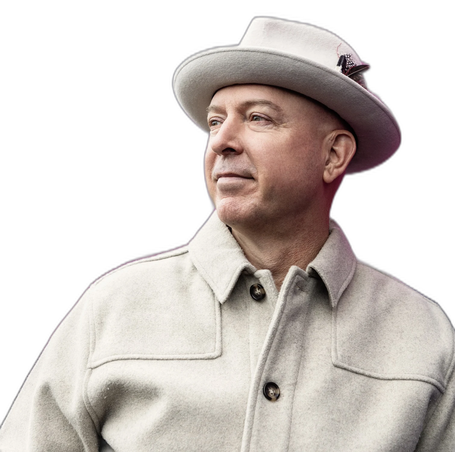 Dan Pontefract in a cream hat and coat